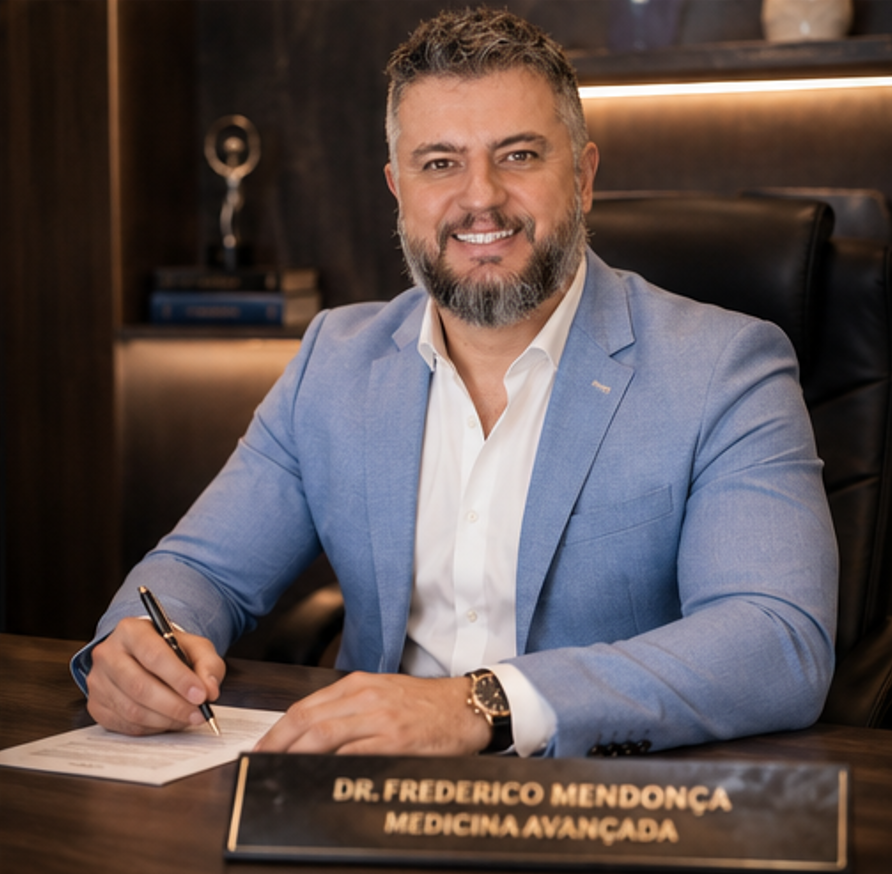 Dr. Frederico Augusto de Mendonça Almeida em seu consultório, à mesa com a placa Medicina Avançada